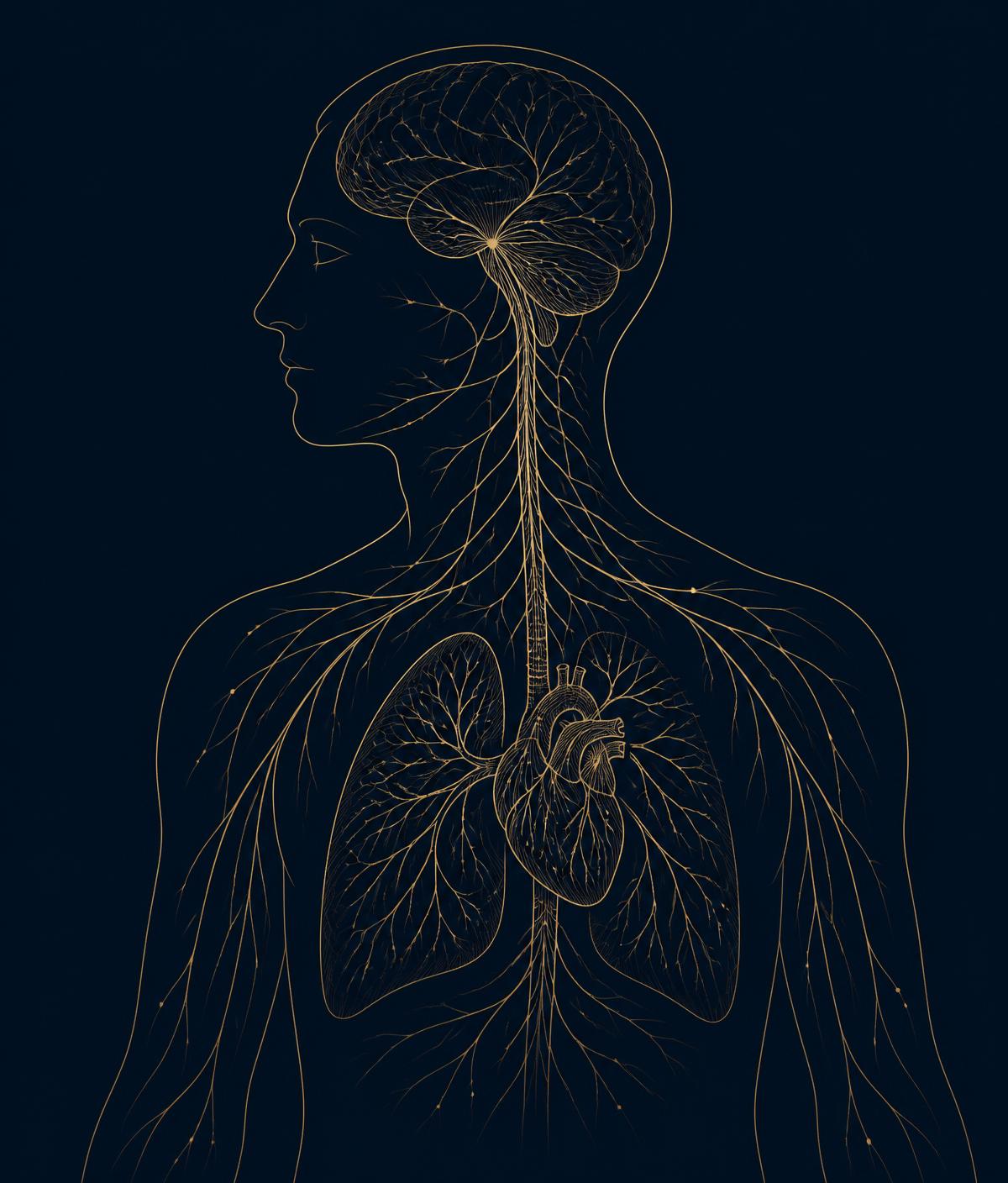 Illustration scientifique en lignes dorées reliant le cerveau, le système nerveux, le cœur, la respiration et le corps humain